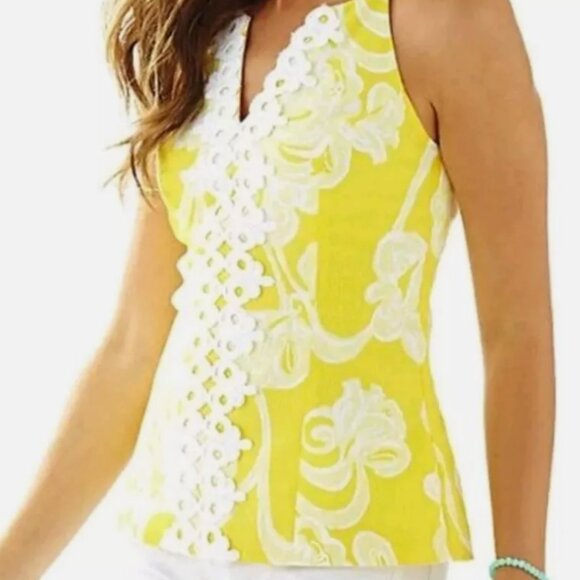 Lilly Pulitzer MAGNOLIA Halter Top Banana Daiquiri DANDELION YELLOW WHITE LACE 8 - Picture 2 of 10
